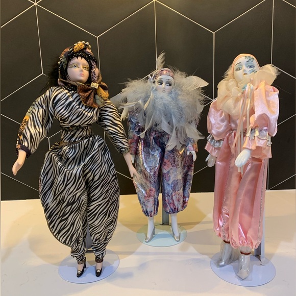 HandPainted Pierrot Art Porcelain Harlequin Masquerade Jester Doll Set Of 3 RARE